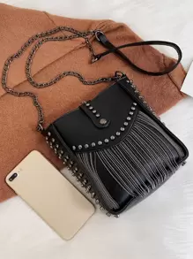 Fashion Rivet Chain Fringe Decor Crossbody Bag - Black - View 6