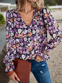 SHEIN Clasi 滿版印花荷葉袖襯衫 - 彩色 - 查看 1