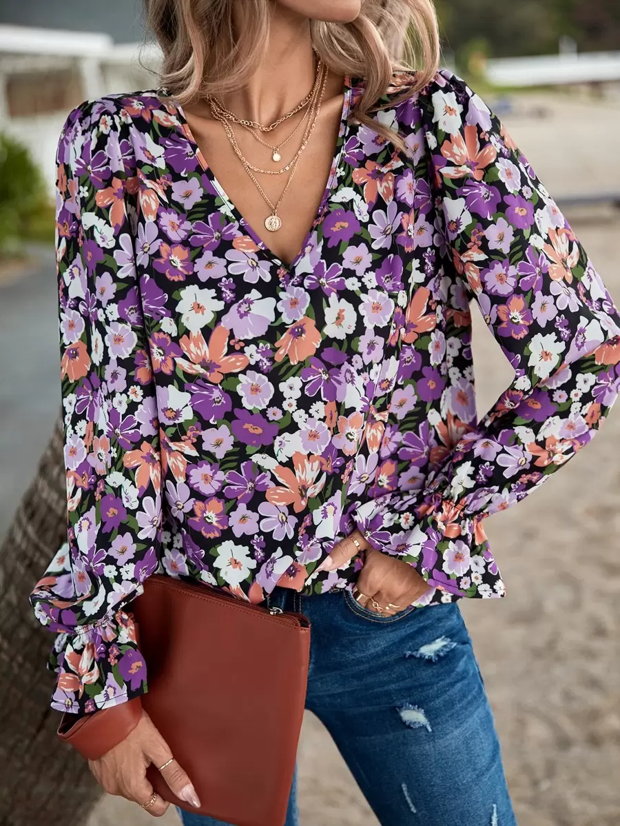 SHEIN Clasi 滿版印花荷葉袖襯衫 - 彩色 - 查看 1