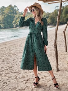 SHEIN Frenchy 斑點印花深V領燈籠袖連衣裙 - 綠色 - 查看 4