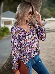 SHEIN Clasi 滿版印花荷葉袖襯衫 - 彩色 - 查看 3