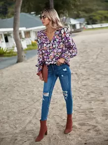 SHEIN Clasi 滿版印花荷葉袖襯衫 - 彩色 - 查看 5