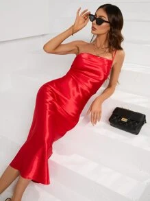 SHEIN BAE Vestido de un hombro fruncido de espalda abierta con cordón - Rojo - Ver 1