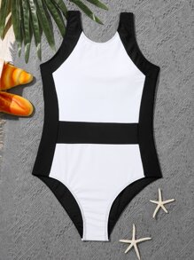 Teen Girls Color Block One Piece Swimsuit - Black and White - View 1