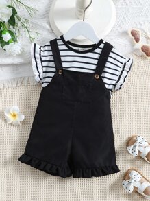 SHEIN Conjunto De Tirantes Y Camiseta Para Bebé Niña Con Rayas Y Volantes - Blanco y Negro - Ver 1