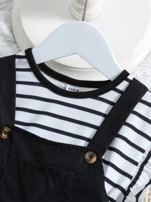 SHEIN Conjunto De Tirantes Y Camiseta Para Bebé Niña Con Rayas Y Volantes - Blanco y Negro - Ver 3