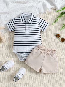 嬰兒條紋圖案Polo領連體衣和短褲 - 彩色 - 查看 1