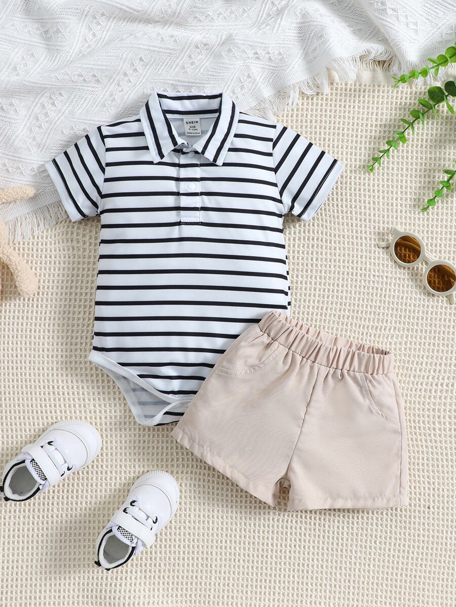 嬰兒條紋圖案Polo領連體衣和短褲 - 彩色 - 查看 1