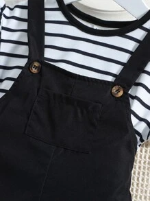 SHEIN Conjunto De Tirantes Y Camiseta Para Bebé Niña Con Rayas Y Volantes - Blanco y Negro - Ver 5