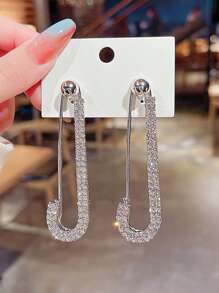 Cubic Zirconia Decor Safety Pin Stud Earrings - Silver - View 6