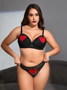 Plus Heart Print Underwire Bra - Black - View 5