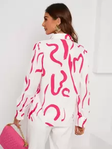 GENKIRA Graphic Print Button Front Shirt Workwear Button Up Shirt Women  - White - View 2