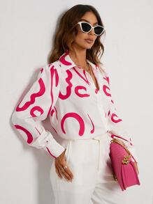 GENKIRA Graphic Print Button Front Shirt Workwear Button Up Shirt Women  - White - View 5