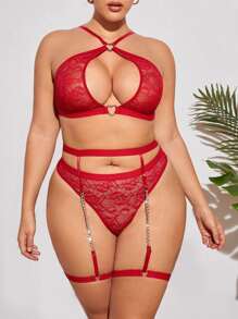 Plus Floral Lace Ring Linked Garter Lingerie Set - Red - View 1