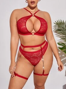 Plus Floral Lace Ring Linked Garter Lingerie Set - Red - View 5