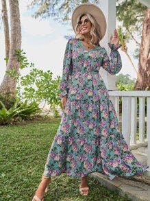 SHEIN VCAY Floral Print Flounce Sleeve Ruffle Hem Dress - Multicolor - View 1