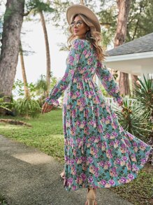 SHEIN VCAY Floral Print Flounce Sleeve Ruffle Hem Dress - Multicolor - View 2