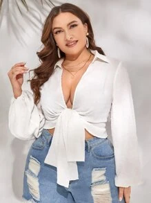 SHEIN VCAY Plus Tie Front Lantern Sleeve Crop Top - White - View 1