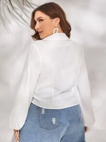 SHEIN VCAY Plus Tie Front Lantern Sleeve Crop Top - White - View 2