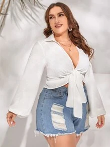 SHEIN VCAY Plus Tie Front Lantern Sleeve Crop Top - White - View 3