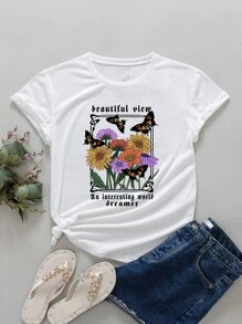 SHEIN LUNE Butterfly And Letter Graphic Tee - White - View 1