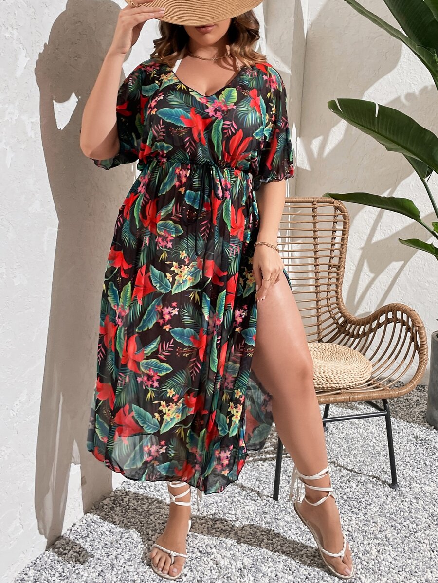 SHEIN VCAY Summer Beach Plus Tropical Print Batwing Sleeve Split Thigh Cover Up Dress - Multicolor - View 1