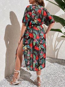 SHEIN VCAY Summer Beach Plus Tropical Print Batwing Sleeve Split Thigh Cover Up Dress - Multicolor - View 2
