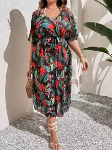 SHEIN VCAY Summer Beach Plus Tropical Print Batwing Sleeve Split Thigh Cover Up Dress - Multicolor - View 4