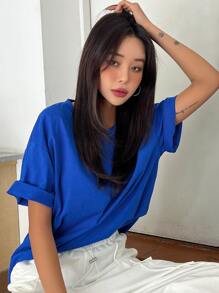 DAZY Solid Drop Shoulder Tee Oversized T-Shirt - Royal Blue - View 7