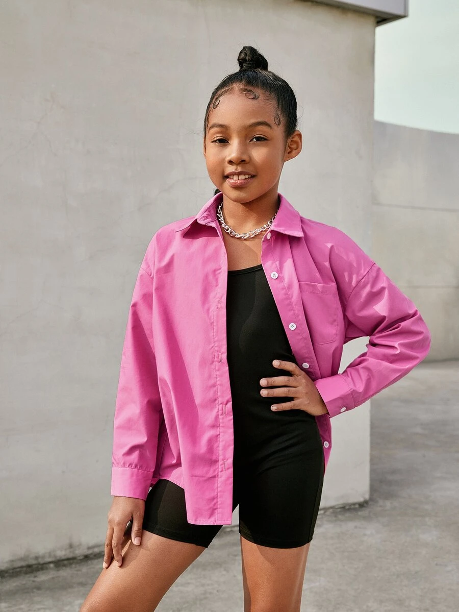 SHEIN Girls Drop Shoulder Shirt & Unitard Romper - Pink - View 1