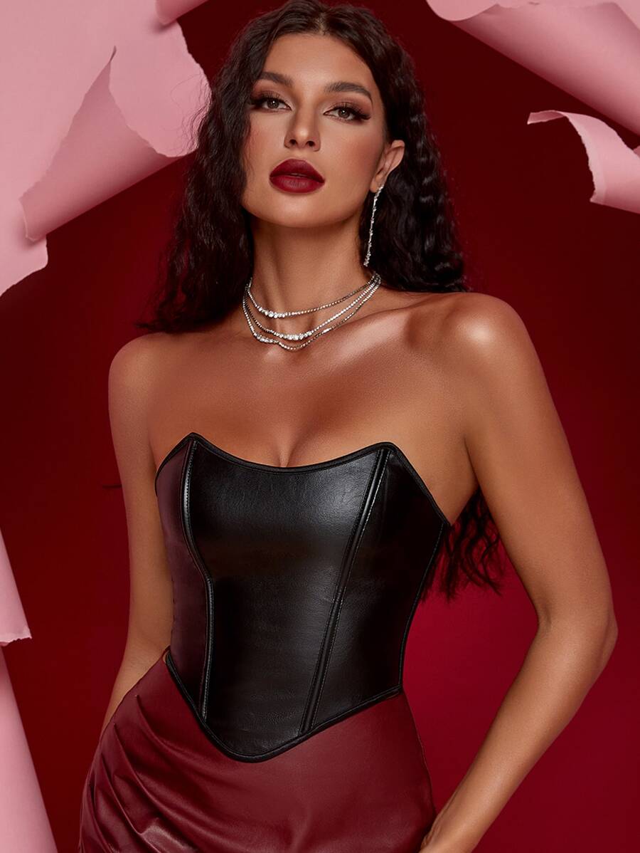 Apperloth A Lace Up Back Hanky Hem PU Corset Top Elegant Music Festival