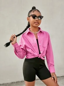 SHEIN Girls Drop Shoulder Shirt & Unitard Romper - Pink - View 4