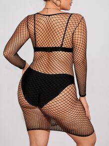 大碼鏤空漁網緊身洋裝不附帶內衣褲套裝 - 黑色 - 查看 2