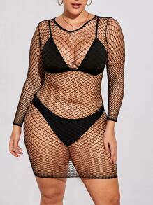 大碼鏤空漁網緊身洋裝不附帶內衣褲套裝 - 黑色 - 查看 3