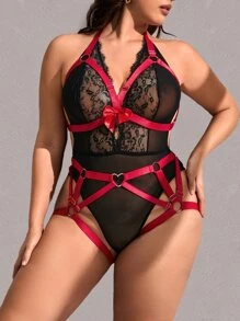 Body teddy con encaje en contraste con lazo delantero arnés sin lencería - Burdeos - Ver 1