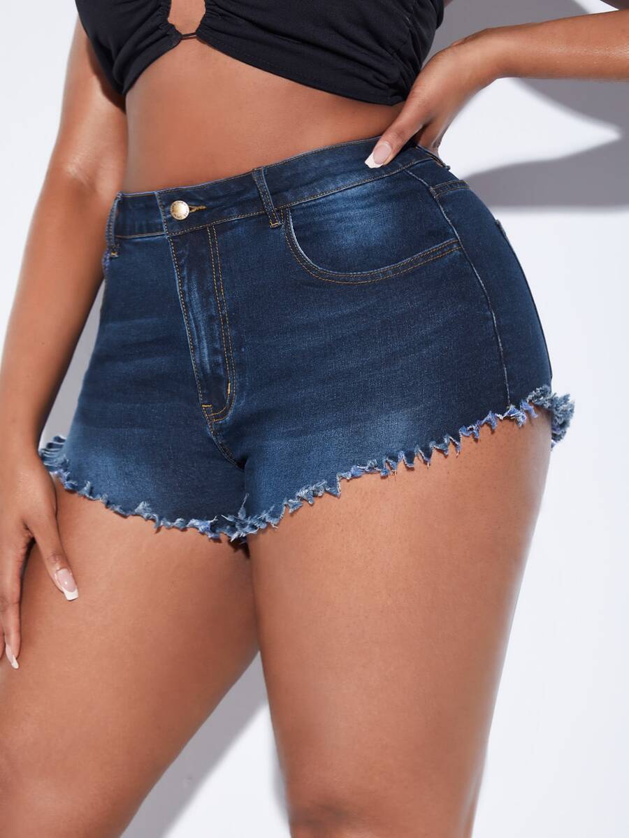 SHEIN Plus Raw Cut Denim Shorts - Dark Wash - View 1
