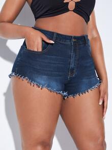 SHEIN Plus Raw Cut Denim Shorts - Dark Wash - View 3
