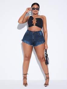 SHEIN Plus Raw Cut Denim Shorts - Dark Wash - View 5