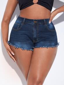 SHEIN Plus Raw Cut Denim Shorts - Dark Wash - View 7