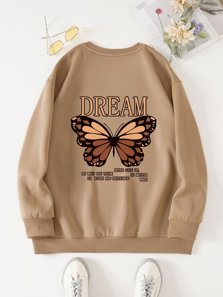 INAWLY Plus Slogan & Butterfly Print Thermal Pullover - Khaki - View 1
