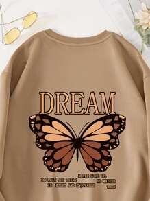 INAWLY Plus Slogan & Butterfly Print Thermal Pullover - Khaki - View 3