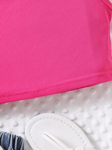 女孩素色條紋針織背心上衣 - 玫紅色 - 查看 5