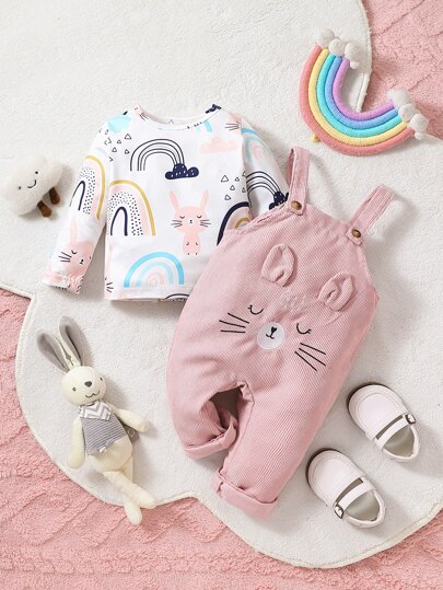 嬰兒卡通圖案T恤和3D耳朵設計背帶