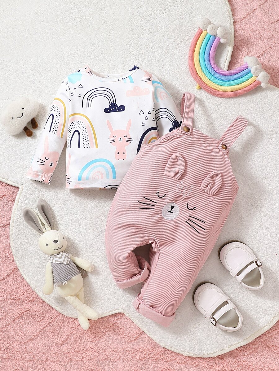 嬰兒卡通圖案T恤和3D耳朵設計背帶 - 彩色 - 查看 1