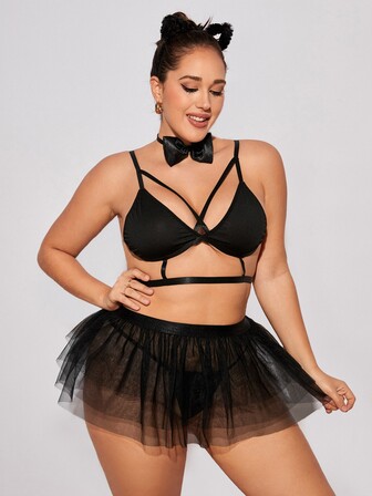 Plus Cut-out Harness Costume Set With Skirt & Bow Tie