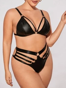 大碼PU皮革背帶內衣套裝 - 黑色 - 查看 1