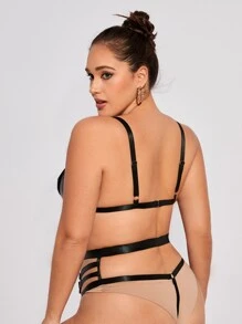 大碼PU皮革背帶內衣套裝 - 黑色 - 查看 2