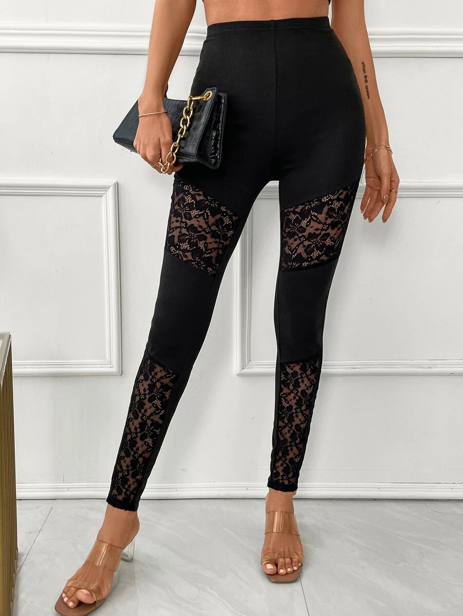 SHEIN Essnce Contrast Lace Panel Leggings - Black - View 1