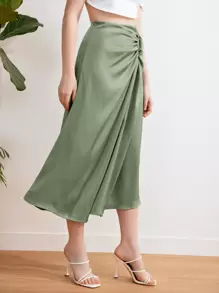 SHEIN Privé 前扭結緞面半身裙工作服