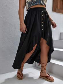 SHEIN VCAY 大碼荷葉邊高低下擺半身裙 - 黑色 - 查看 3